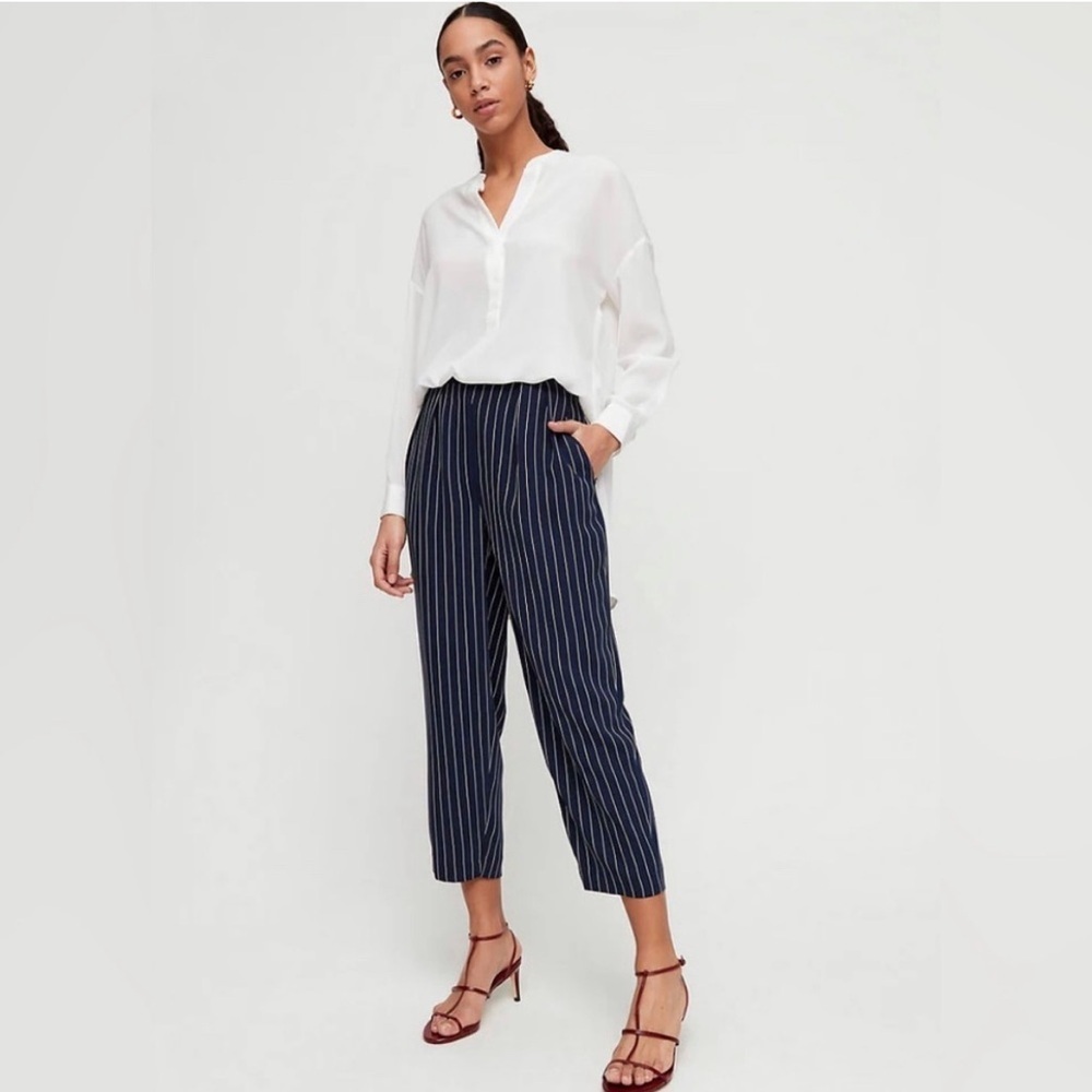 Babaton Modesto Dark Blue Pinstripe High Waisted Cropped Pants - Picture 1 of 7